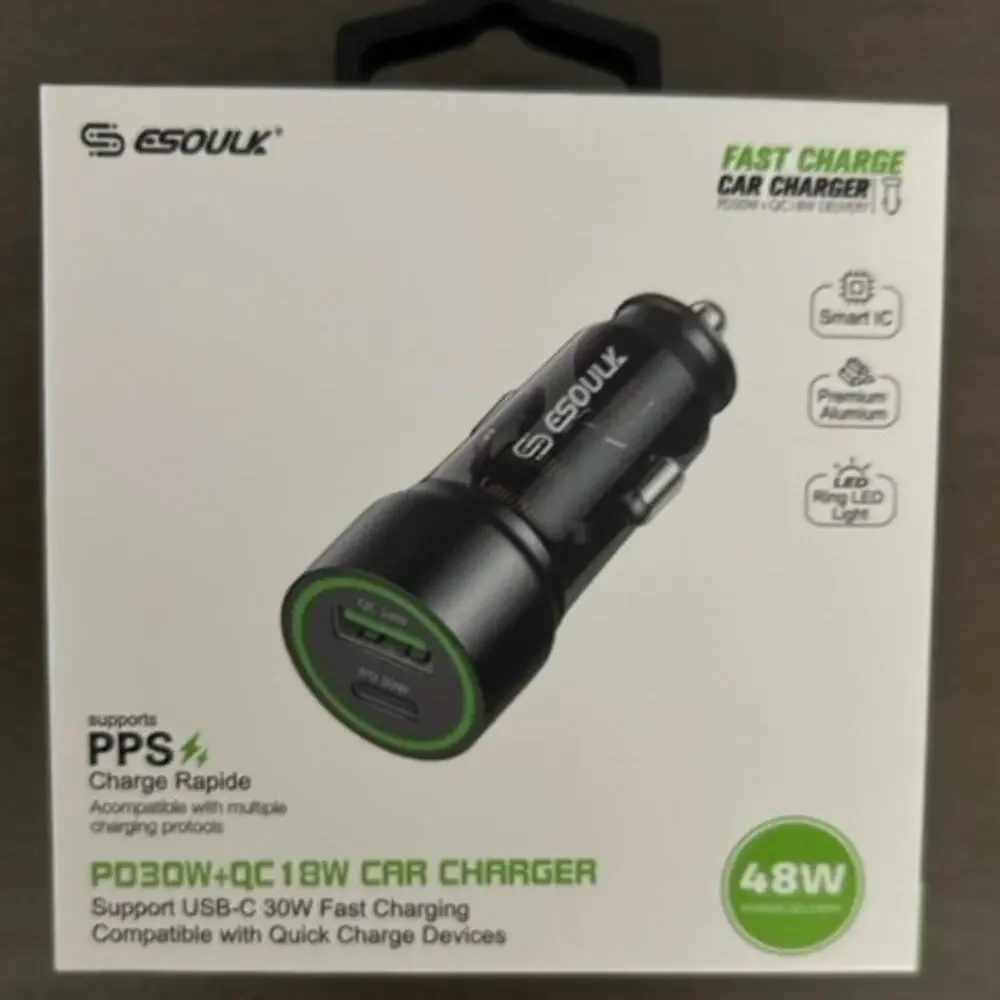 ESOULK 48W Fast Charge Car Charger PD30W QC18W Aluminum USB‑C USB Adapter